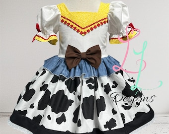 Western Cowgirl Dress with Cow Print Skirt, yellow Yoke Western Dress for Girls, Cowgirl Outfit with Puff Sleeves and Cow Spots.