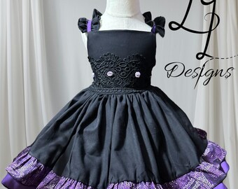 Black Lace Party Dress – Purple Double Ruffle Hem, Classic Black & Purple Dress – Ruffled Straps, Lace Bodice, Twirl-Ready Skirt