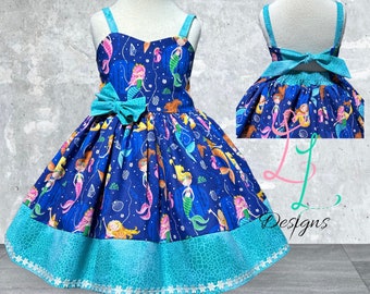 Blue Mermaid Party Dress: Ocean Theme Cotton Dress with Straps