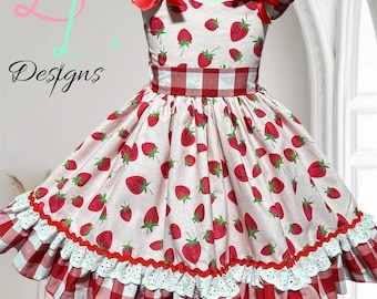 Strawberry Dress for Girls Pink Strawberry Outfit Gingham Ruffle Dress Twirl Dress Toddler Baby Summer Birthday Dress Handmade Boutique