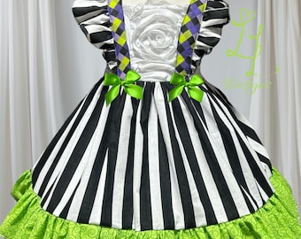 Gothic Stripe Toddler Dress: Halloween Costume Pinafore with Flutter Straps, Beetle Bop dress, Checkerboard Mischief