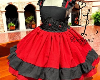 Red Ruffle Celebration Dress –Festive Red & Black Lace Dress –Twirl-Ready Style for Special Occasions, Heritage-Inspired Red and black dress