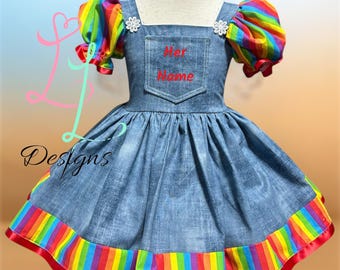 Rainbow Denim Dress for Girls – Custom Name Pocket – Halloween Costume – Creepy Cute Toddler Outfit – Handmade Kids Dress