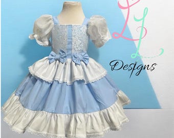 Princess inspired Blue Lace Dress – Boutique Ruffle Birthday Dress – Light Blue Fairytale Gown – Girls blue Party Outfit, midnight Princess