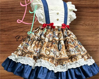 Western Cowgirl Dress for Girls – Cream Eyelet Bodice – Denim Straps – Cowboy Print Skirt – Rodeo Birthday Outfit- Pinafore Style Dress