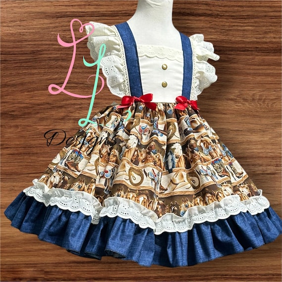 Western Cowgirl Dress for Girls – Cream Eyelet Bodice – Denim Straps – Cowboy Print Skirt – Rodeo Birthday Outfit- Pinafore Style Dress