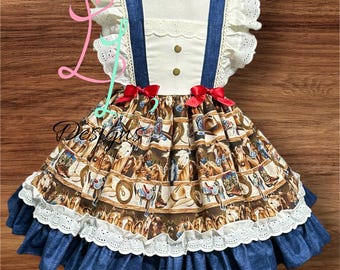 READY to SHIP size 5 Western Cowgirl Dress for Girls – Cream Eyelet Bodice – Denim Straps – Cowboy Print Skirt – Rodeo Birthday Outfit