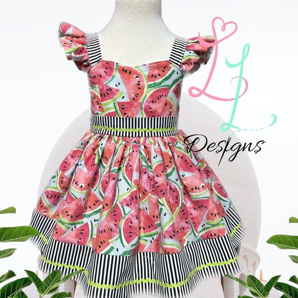 READY TO SHIP Size4 Birthday Dress, Watermelon with black white stripe accents, party dress,  , Princess Dress, Pageant Dress,