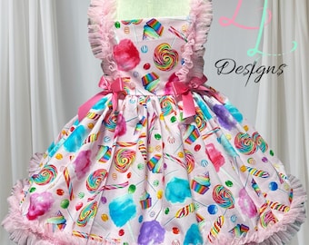 Candy Birthday Dress: Pink Ruffle Trim Party Dress, pink candy theme party dress for girls