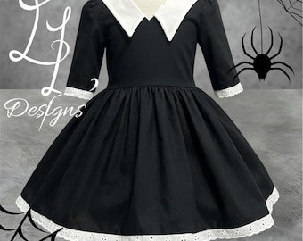 Wednesday Inspired Black  Dress • Girls Vintage Collar Dress • Lace Trim Boutique Outfit