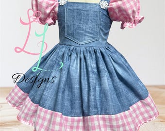 Pink gingham Print Denim Dress for Girls – Farm Theme Birthday Outfit – Western Toddler Dress – Handmade Boutique Clothing