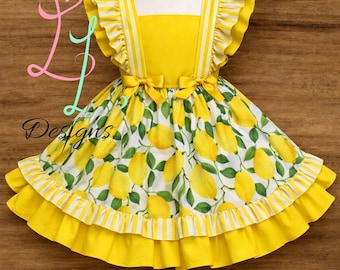 Girls Lemon Dress • Yellow Striped Ruffle Dress • Summer Fruit Dress • Toddler Boutique Outfit • Lemon Print Twirl Dress