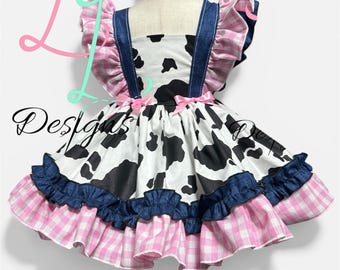 Handmade Cowgirl Dress: Cow Print Pinafore with Pink Ruffles, gingham ruffles , farmyard party party, country style dress