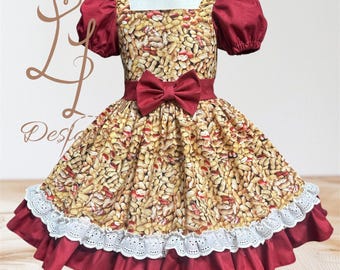 Peanut Print Girls Dress with Puff Sleeves, Big  Bow on Waist, Lace Trim Hem, Fall Boutique Outfit, Girl Peasant Dress.