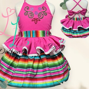 Dress or 2 piece top and skirt Fiesta Princess Dress, Mexican Pageant outfit. Mexican skirt top set. Hot pink with sarape print.