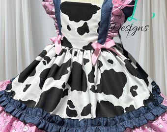 Cow Print Pinafore Dress: Handmade Denim & Bandana Accents, cowgirl dress, farmyard party, county fair,