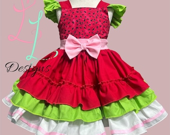 Watermelon Dress for Girls • Summer Fruit Outfit • Toddler Watermelon Birthday Dress • Ruffle Sleeve Dress • Handmade Boutique Clothing