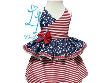 Girls Patriotic Dress – Stars & Stripes 4th of July Outfit – Red White Blue Ruffle Dress – Patriotic Outfit