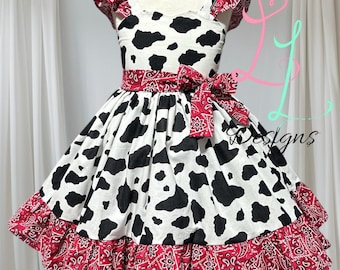 Bandana and black cow print dress. Country party,  Princess Dress, Pageant Dress, twirly dress, farm, cowgirl, western wear, rodeo