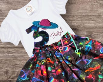 Personalized Space Birthday Outfit: Appliqué Number Shirt & Galaxy Skirt