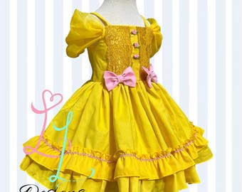 Beautiful Yellow Princess Dress • Ruffled Gown with Pink Roses, Fairytale Outfit, Golden princess dress.