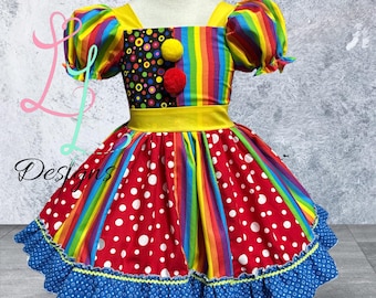 Clown Birthday Dress • Rainbow Circus Outfit • Polka Dot Party Dress • Girl’s Carnival Costume • LL Designs Boutique Clothing