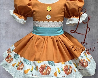 Pumpkin Patch Dress – Thanksgiving girls Dress, Flowers & Harvest Print – Handmade Autumn Toddler Dress- Girls Fall Dress – Harvest Pumpkin