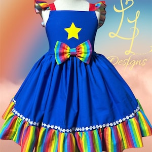 Rainbow Star Twirl Dress, Bright & Magical Birthday, Rainbow Dress with Star Accent, Whimsical Rainbow flutter Dress, Blue and rainbow dress