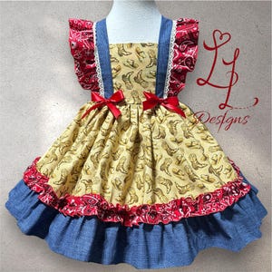 Cowgirl dress, country dress, western dress, cowboy and bandana print. Pageant, pinafore dress. rodeo,  birthday dress princess , state fair
