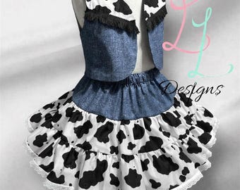 Handmade Western Rodeo Dress: Denim Vest & Cow-Print Skirt Set, country fair, cowgirl outfit