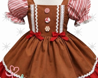 Gingerbread Christmas Dress for Girls, Holiday Candy Outfit, Peppermint Sleeve Boutique Clothing, Festive Brown Gingerbread Costume