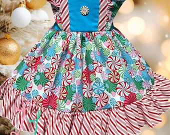 Peppermint Christmas Dress, Candy Cane Outfit, Girls  Christmas Dress, Festive Toddler Outfit, Handmade Holiday Clothing, Winter Candy Dress