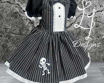 Girls Tuxedo Dress • Black Pinstripe Party Dress • Skeleton Halloween Outfit • Formal Costume Dress • Lace Trim Puff Sleeve Dress