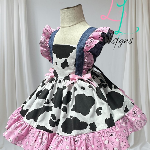 Cow Print Pinafore Dress: Denim Straps, Pink Bandana Ruffles,  cow print dress, pink bandana dress, cowgirl dress, farm party, rodeo
