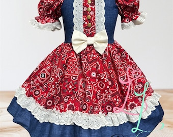 Girls Red Bandana Denim Dress – Western Cowgirl Lace Style, Cotton Handmade Outfit
