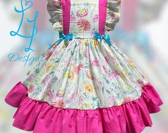 Floral Pinafore Dress: Handmade Pink & Purple Garden Party Outfit