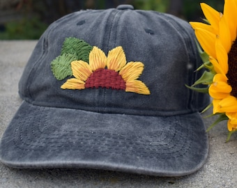 Hand Embroidered Hat Sunflower - READY TO SHIP - Vintage black color baseball cap/hat - 100% cotton