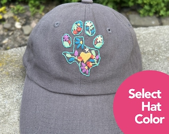 Texas Dog Lover Paw Print Baseball Cap Hand Embroidered Floral Design - HANDMADE TO ORDER - Many Hat Colors to Choose From