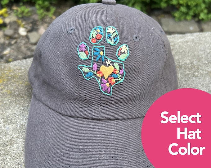 Featured listing image: Texas Dog Lover Paw Print Baseball Cap Hand Embroidered Floral Design - HANDMADE TO ORDER - Many Hat Colors to Choose From