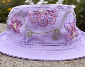 Boho Floral Bucket hat, Hand Embroidered - Ready To Ship - size L/XL - Lavender fitted bucket hat  - 100% cotton