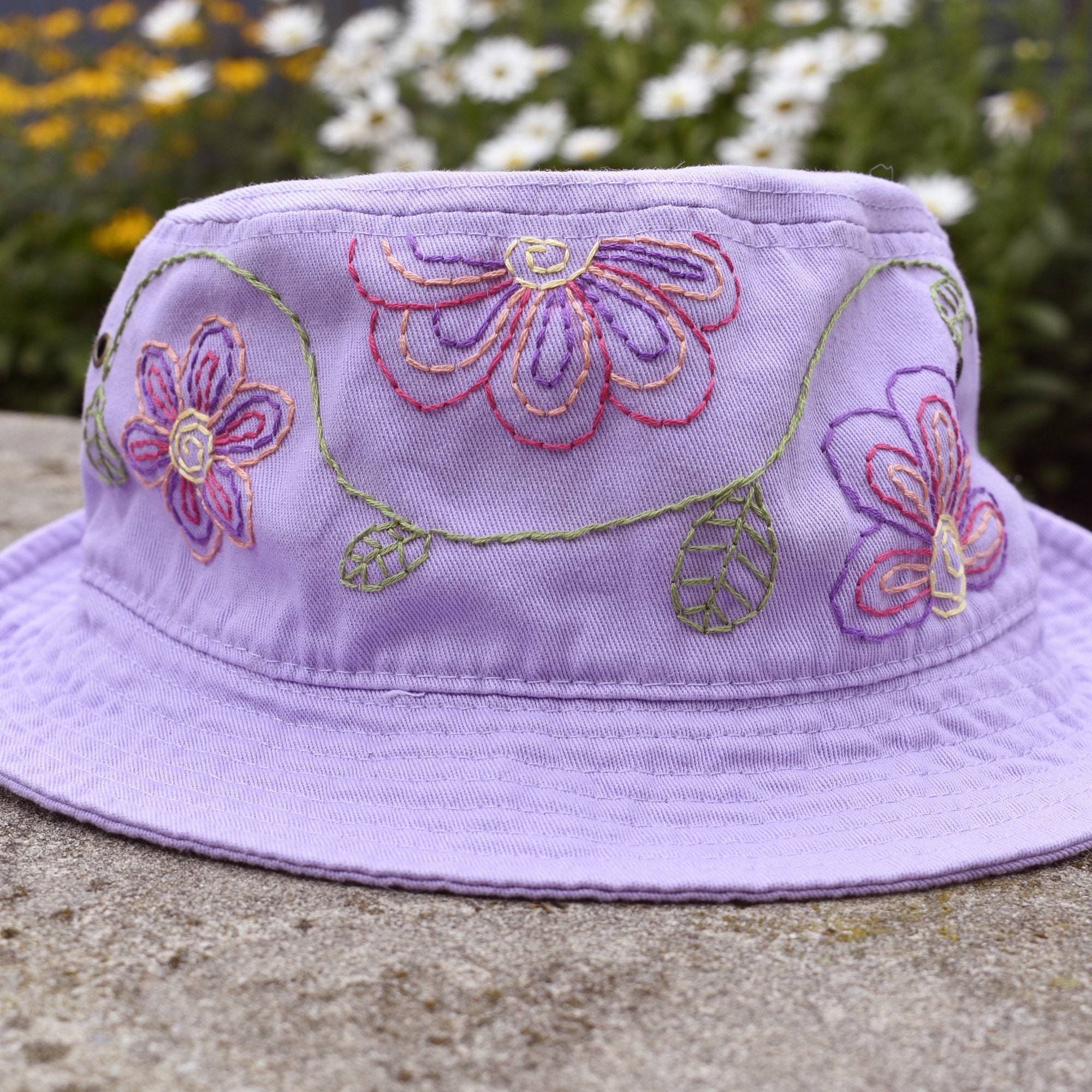 Boho Floral Bucket hat, Hand Embroidered - Ready To Ship - size L/XL -  Lavender fitted bucket hat - 100% cotton