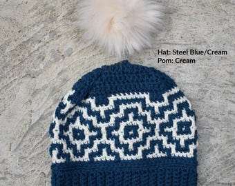 Crochet Mosaic hat - READY TO SHIP. Perfect for Fall/Winter Days. Fits teen/adult women medium/large 22.5-24 inch head. Color Steel Blue.