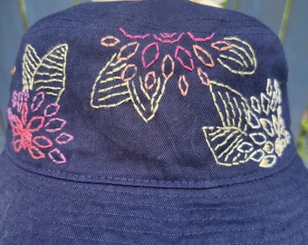 Boho Floral Bucket hat, Hand Embroidered - Ready To Ship - size L/XL - Navy fitted bucket hat  - 100% cotton