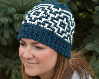Crochet Mosaic hat - READY TO SHIP. Perfect for Fall/Winter Days. Fits teen/adult women medium/large 22.5-24 inch head. Color Steel Blue.