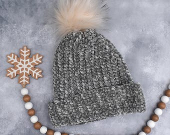 Faux Velvet Beanie. Super soft & thick perfect for winter time. Soft Smoky green. READY TO SHIP. Fits teen/adult women average 20-22.5 in.