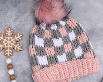 Plaid Perfection - Chunky Winter Buffalo Check Hat for Teen to Adult small/medium size 20-22 inch. Made from soft thick yarn. Ready to ship.
