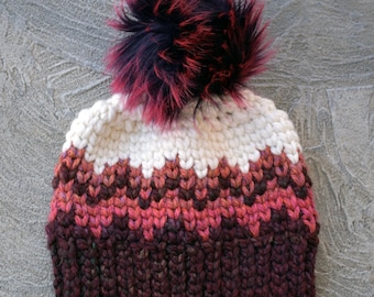 Chunky Winter Fair Isle Designed Hat - For Adults medium size 21-23 inch. Made from soft thick yarn -wool blend. Ready to ship.