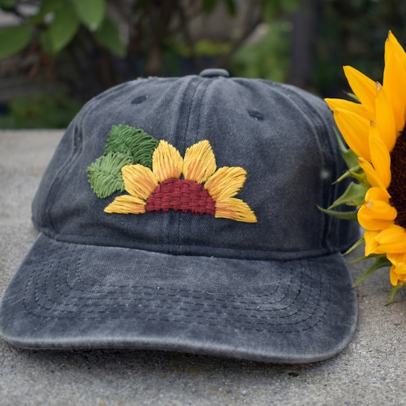 Hand Embroidered Hat Sunflower READY TO SHIP Vintage Black