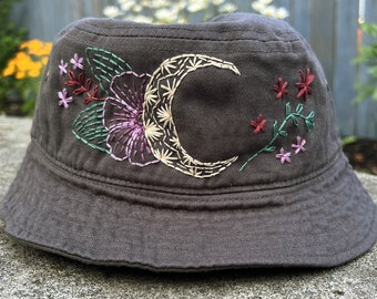 Boho Floral Moon Bucket hat, Hand Embroidered - Ready To Ship - size S/M - Dark Gray fitted bucket hat  - 100% cotton