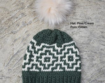 Crochet Mosaic hat - READY TO SHIP. Perfect for Fall/Winter Days. Fits teen/adult women average size 20-22.5 inch head. Color Pine.